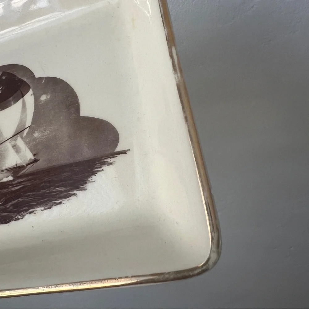 Vintage MCM Sailboat trinket dish decorative plate gilded Delano Studios 1965
